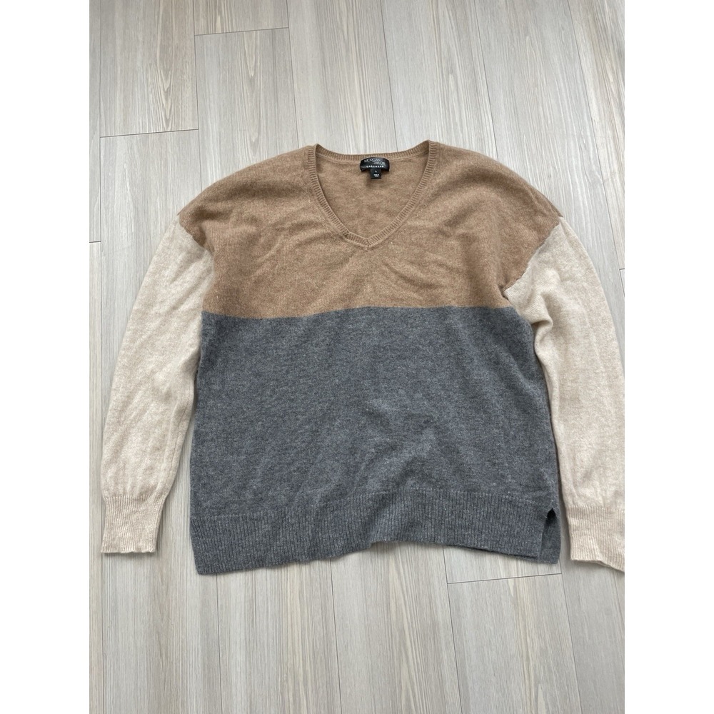 Morgan Taylor Women's Cashmere V-Neck Sweater Pullover Size L Color Block Brown